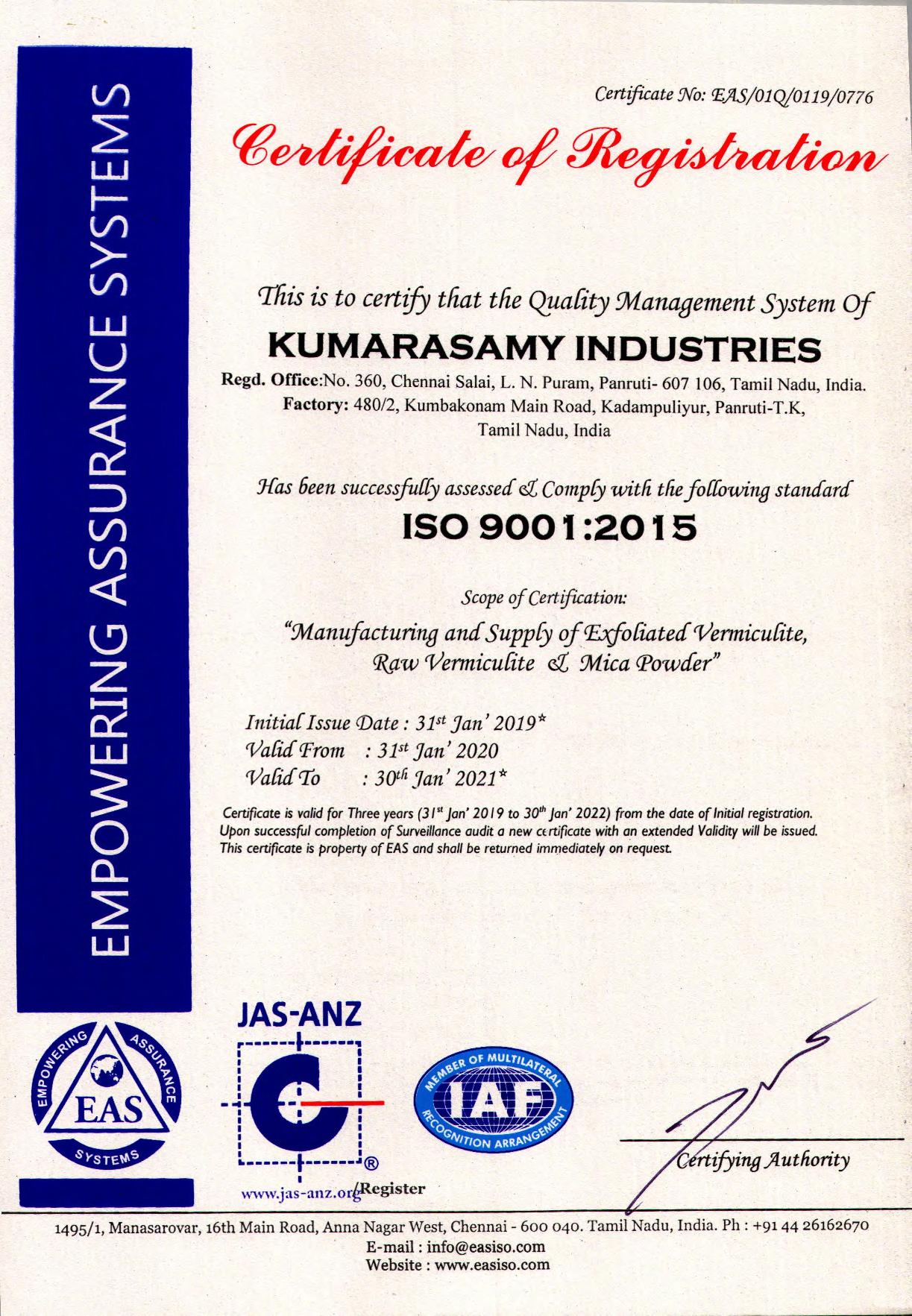 ISO certification of Kumarasamy Industries